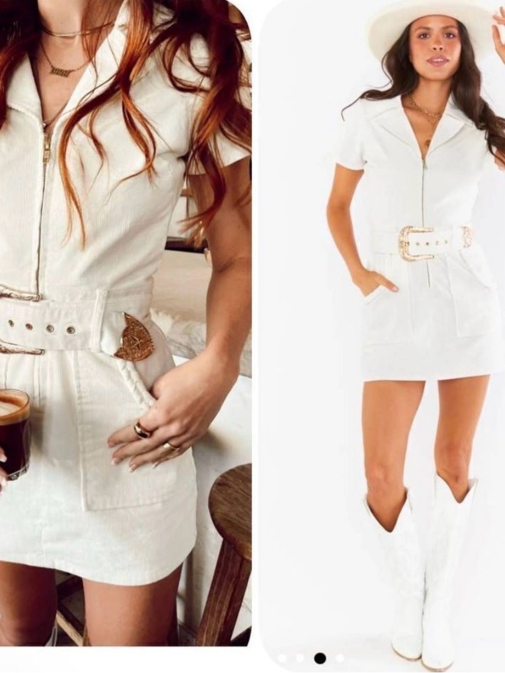 Show Me Your MuMu Outlaw Dress White Corduroy Zip-Front Mini Dress w/ Gold Belt